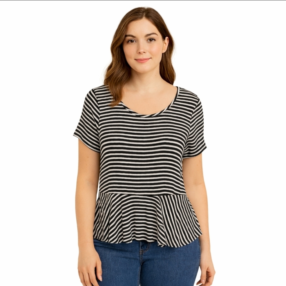 Elle Black Striped Flared Peplum Top Sz XL